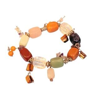 Vintage Semi-Precious Gemstone & Agate Chunky Beaded Stretch Bracelet sbr-9
